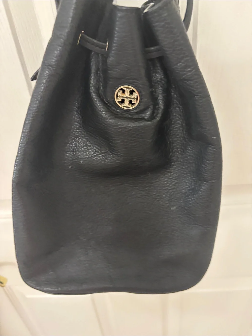 Tory Burch Black Leather Drawstring Shoulder Bag with Gold Logo